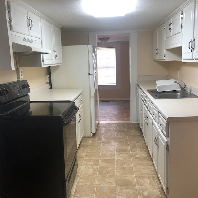 kitchen with black range with electric stovetop, white cabinetry, sink, and light tile patterned floors