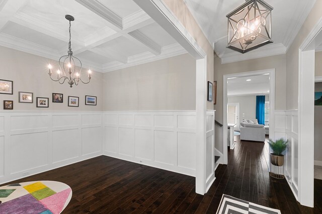 114 Bozeman Way, Dothan, AL 36305 - unfurnished dining area featuring a chandelier, dark wood-type flooring, beamed ceiling, crown molding, and a decorative wall