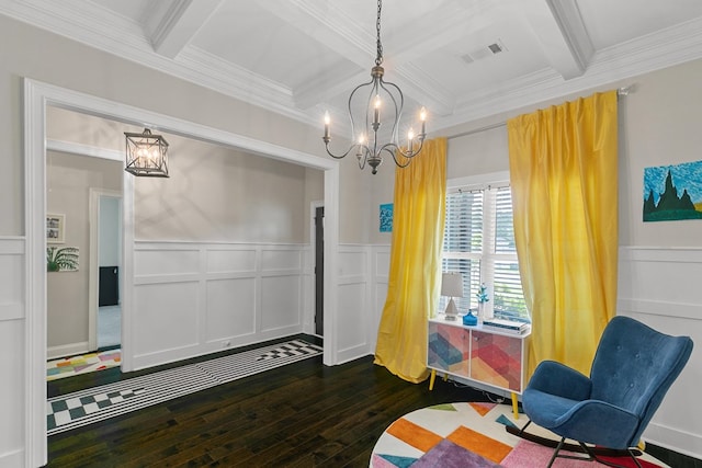 114 Bozeman Way, Dothan, AL 36305 - living area featuring coffered ceiling, a chandelier, dark wood-style floors, ornamental molding, and beam ceiling