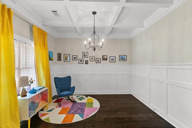114 Bozeman Way, Dothan, AL 36305 - living area featuring a decorative wall, a chandelier, coffered ceiling, dark wood-style floors, and beamed ceiling