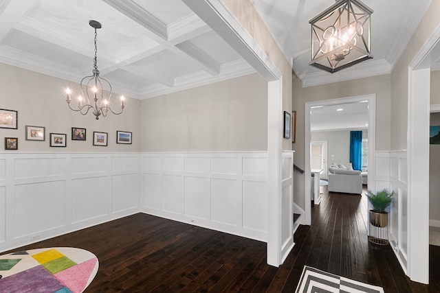 114 Bozeman Way, Dothan, AL 36305 - unfurnished dining area featuring a chandelier, dark wood-type flooring, beamed ceiling, crown molding, and a decorative wall