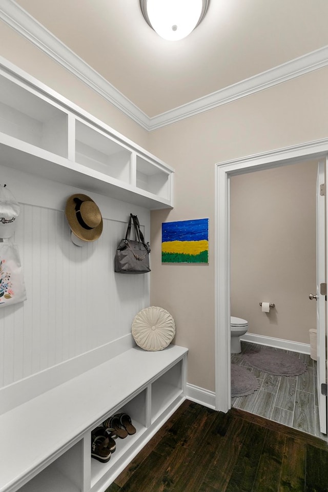 114 Bozeman Way, Dothan, AL 36305 - mudroom featuring ornamental molding, dark wood-type flooring, and baseboards