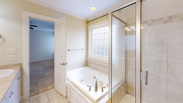 bathroom featuring vanity, crown molding, tile patterned floors, and plus walk in shower