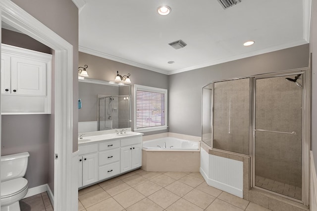109 Glencoe Way, Dothan, AL 36305 - bathroom featuring a bath, tile patterned flooring, a shower stall, double vanity, and crown molding