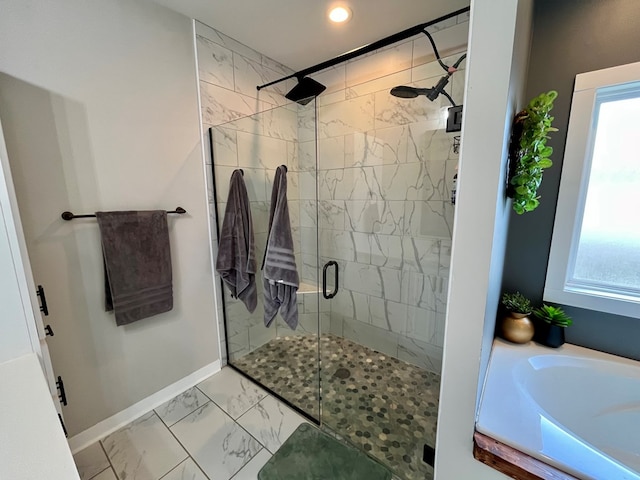 212 Neenan Dr, Enterprise, AL 36330 - full bath featuring a stall shower, marble finish floors, baseboards, a garden tub, and recessed lighting