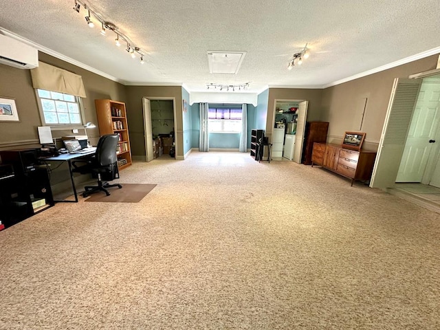 1317 Cambridge Rd, Dothan, AL 36305 - office featuring track lighting, crown molding, a textured ceiling, plenty of natural light, and a wall mounted air conditioner