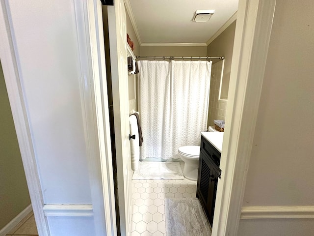 1317 Cambridge Rd, Dothan, AL 36305 - full bathroom featuring crown molding, tile patterned floors, vanity, a shower with curtain, and toilet