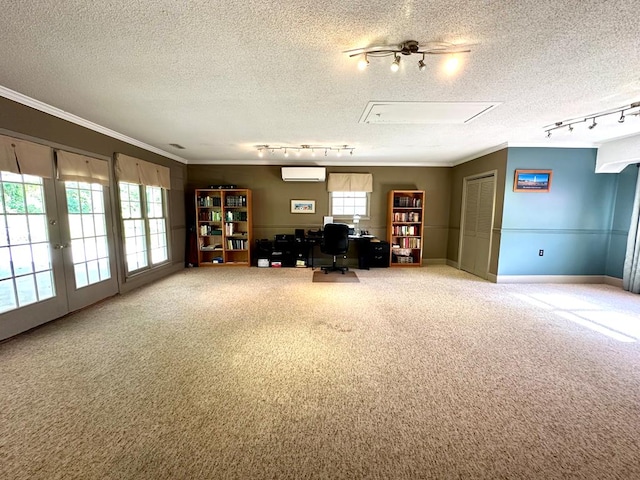 1317 Cambridge Rd, Dothan, AL 36305 - misc room featuring track lighting, attic access, crown molding, carpet floors, and a desk