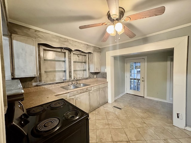 kitchen featuring ceiling fan, sink, black electric range oven, crown molding, and light tile patterned floors