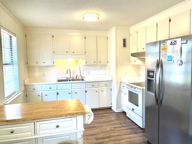 kitchen featuring visible vents, electric range, dark wood-type flooring, stainless steel refrigerator with ice dispenser, and under cabinet range hood