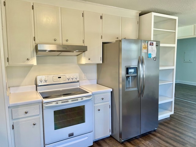 kitchen featuring dark wood finished floors, open shelves, stainless steel fridge with ice dispenser, electric stove, and under cabinet range hood