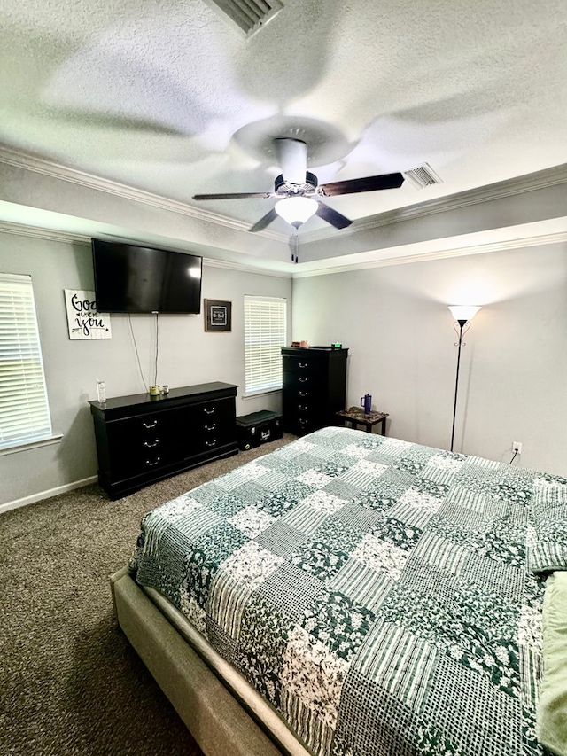 125 Sandpiper Ln, Dothan, AL 36301 - carpeted bedroom featuring ornamental molding, a textured ceiling, and ceiling fan