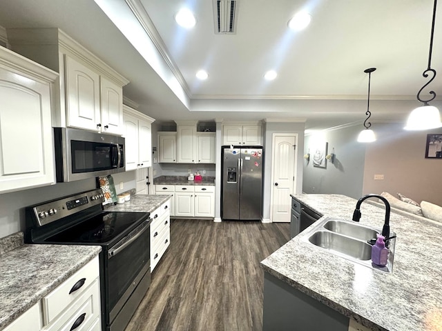 125 Sandpiper Ln, Dothan, AL 36301 - kitchen with appliances with stainless steel finishes, ornamental molding, dark wood finished floors, a raised ceiling, and hanging light fixtures
