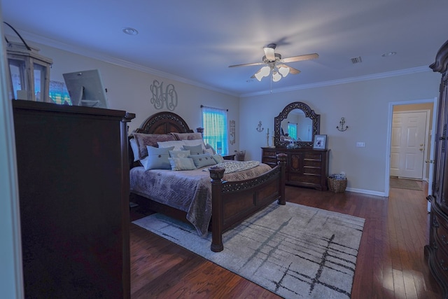 bedroom featuring crown molding, ceiling fan, and dark hardwood / wood-style floors