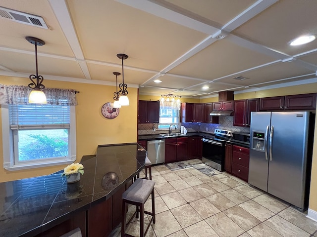 kitchen featuring tasteful backsplash, visible vents, dark countertops, appliances with stainless steel finishes, and a sink