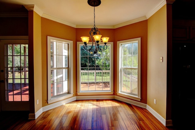 unfurnished dining area featuring hardwood / wood-style flooring, plenty of natural light, and a chandelier