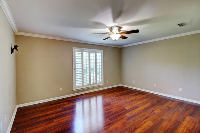 unfurnished room with dark hardwood / wood-style floors, ceiling fan, and ornamental molding