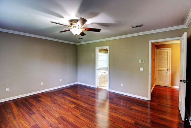 unfurnished room with dark hardwood / wood-style floors, ceiling fan, and ornamental molding