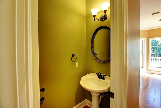 bathroom featuring sink, ornamental molding, and hardwood / wood-style flooring