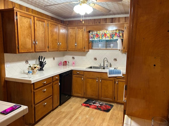 555 Cove Rd, Abbeville, AL 36310 - kitchen with dishwasher, a sink, brown cabinetry, tasteful backsplash, and an ornate ceiling