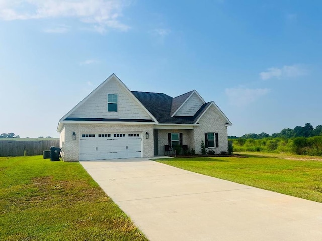 view of front of house with cooling unit, a front lawn, and a garage