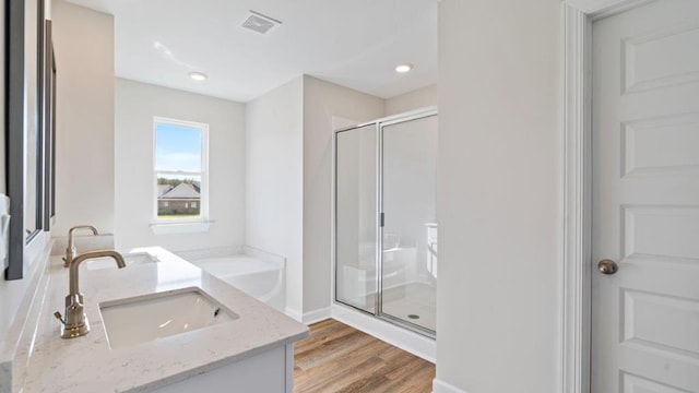109 Creekridge St, Headland, AL 36345 - full bathroom with a sink, wood finished floors, visible vents, a stall shower, and double vanity