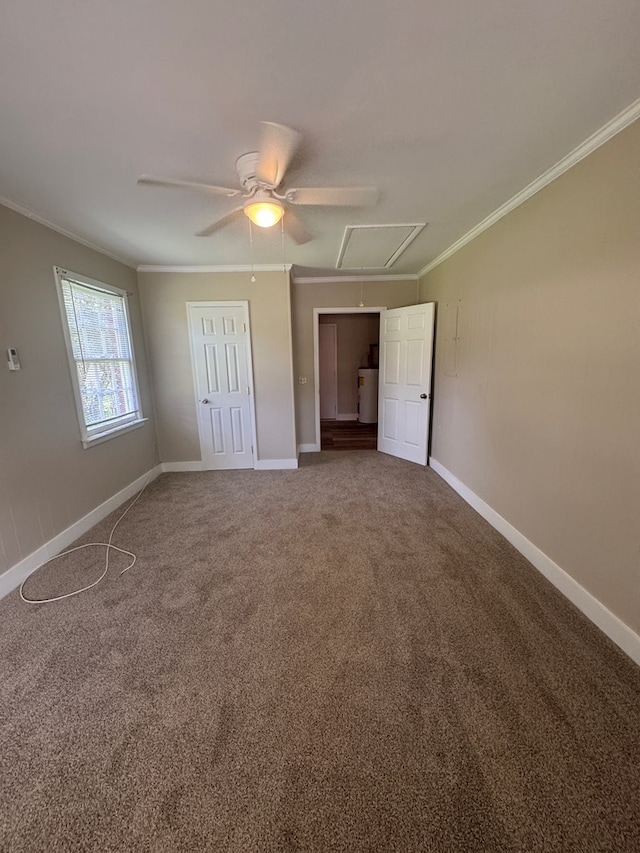 411 Kentworth Dr, Dothan, AL 36301 - unfurnished bedroom featuring attic access, ornamental molding, carpet, and a ceiling fan
