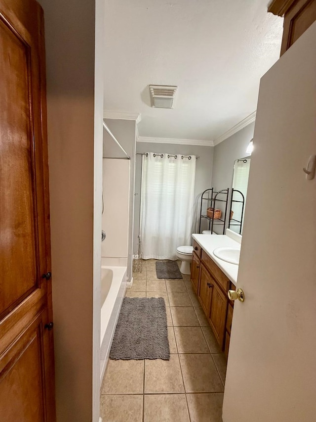 300 Mixson St, Enterprise, AL 36330 - bathroom with crown molding, tile patterned floors, vanity, and shower / bathtub combination with curtain