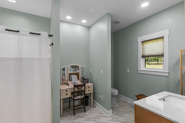 3155 Eddins Rd, Dothan, AL 36301 - bathroom with marble finish flooring, vanity, recessed lighting, and a shower with curtain