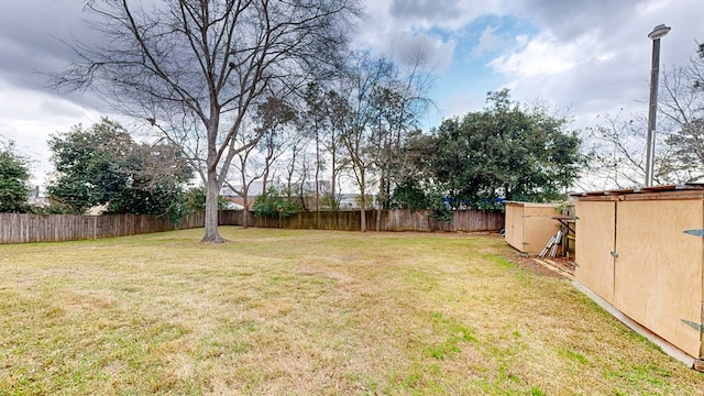 view of yard featuring a storage unit, an outdoor structure, and a fenced backyard