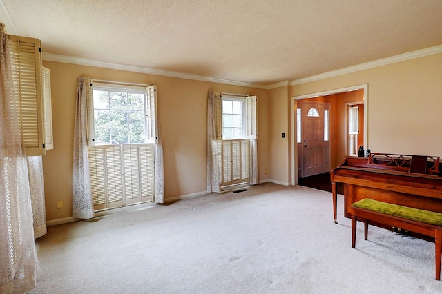 carpeted foyer entrance featuring crown molding and a textured ceiling