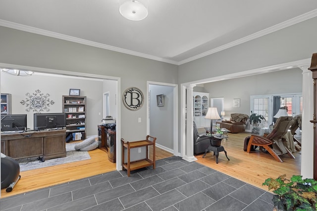 interior space featuring dark hardwood / wood-style floors, ornamental molding, and decorative columns