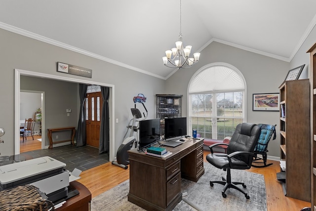 office with crown molding, a chandelier, vaulted ceiling, and wood-type flooring