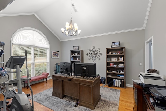 office with vaulted ceiling, crown molding, light hardwood / wood-style flooring, and an inviting chandelier