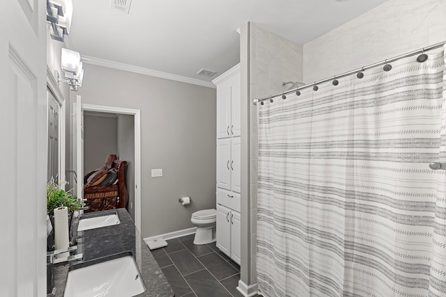 bathroom featuring walk in shower, tile patterned flooring, toilet, vanity, and ornamental molding