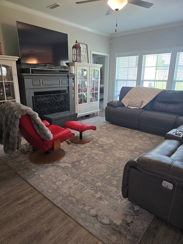 526 Ridgeland Rd, Dothan, AL 36301 - living room with wood finished floors, a fireplace, ceiling fan, and crown molding