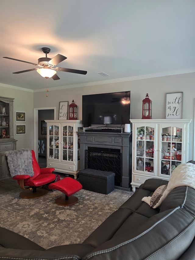 526 Ridgeland Rd, Dothan, AL 36301 - living room with crown molding, ceiling fan, and a fireplace