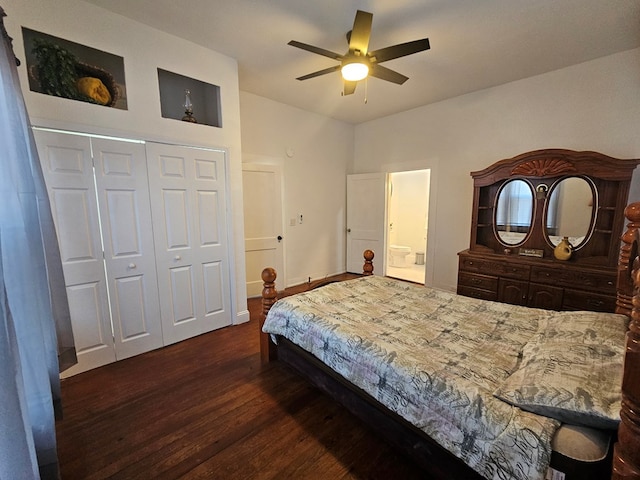 bedroom with wood finished floors, a closet, and ceiling fan