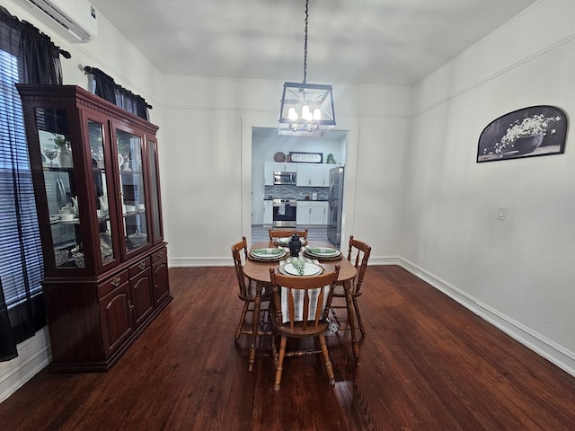 dining space featuring a wall mounted air conditioner, baseboards, and dark wood-style flooring