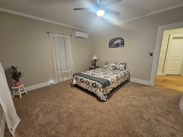 carpeted bedroom featuring a wall unit AC, ceiling fan, and crown molding