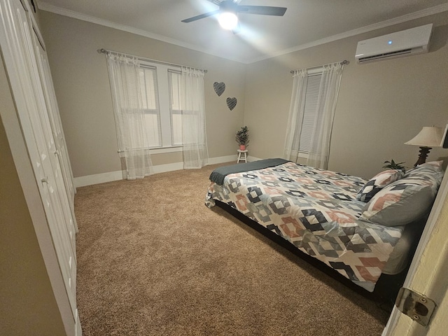 bedroom featuring ceiling fan, carpet, ornamental molding, and a wall mounted air conditioner