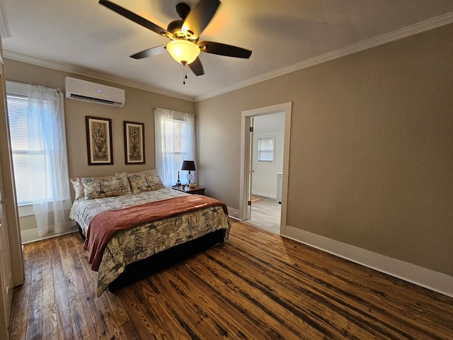 bedroom with ceiling fan, ornamental molding, hardwood / wood-style floors, and a wall mounted air conditioner