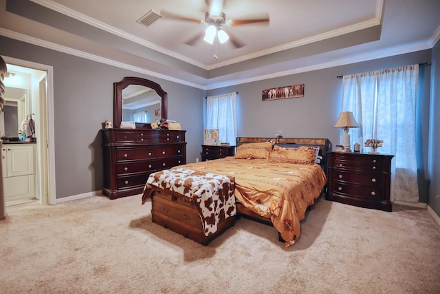 370 Airport Rd, Slocomb, AL 36375 - bedroom with carpet, a tray ceiling, crown molding, a ceiling fan, and baseboards