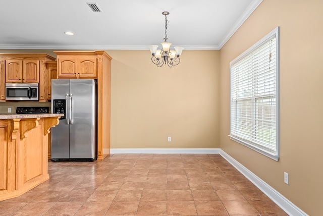 2045 Holland Rd, Newton, AL 36352 - kitchen featuring stainless steel appliances, a kitchen breakfast bar, a chandelier, light countertops, and ornamental molding