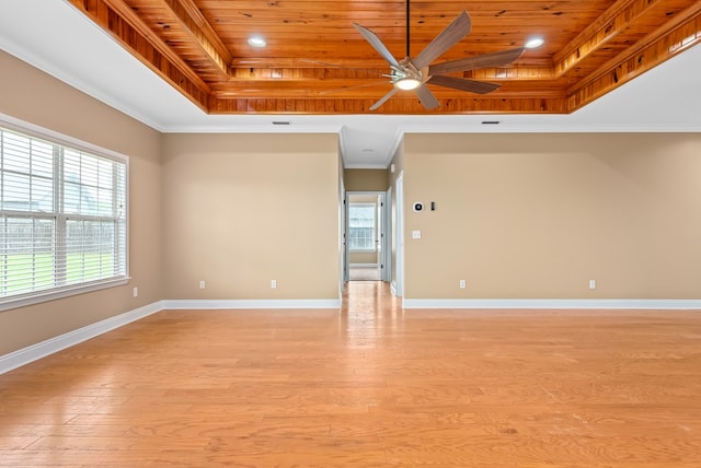 2045 Holland Rd, Newton, AL 36352 - empty room featuring a raised ceiling, wooden ceiling, a ceiling fan, light wood-type flooring, and baseboards