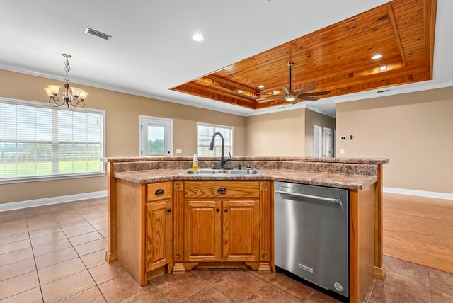 2045 Holland Rd, Newton, AL 36352 - kitchen featuring stainless steel dishwasher, a sink, a raised ceiling, a chandelier, and ceiling fan
