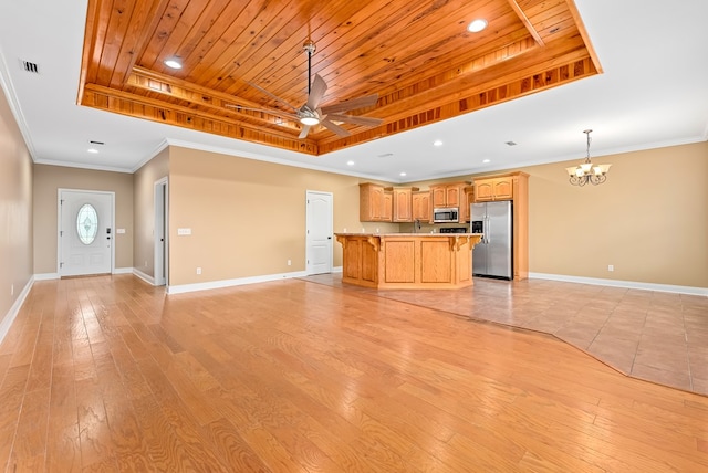 2045 Holland Rd, Newton, AL 36352 - unfurnished living room featuring a raised ceiling, a chandelier, a ceiling fan, wood ceiling, and light wood-style floors