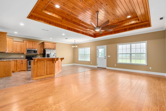 2045 Holland Rd, Newton, AL 36352 - kitchen featuring stainless steel appliances, a raised ceiling, open floor plan, a ceiling fan, and crown molding