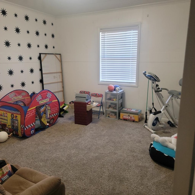 recreation room featuring carpet and ornamental molding