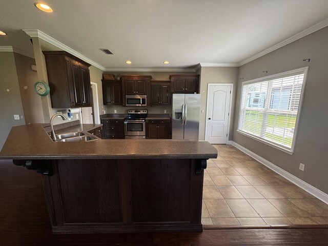 2103 Holland Rd, Newton, AL 36352 - kitchen featuring stainless steel appliances, a sink, dark brown cabinets, baseboards, and crown molding